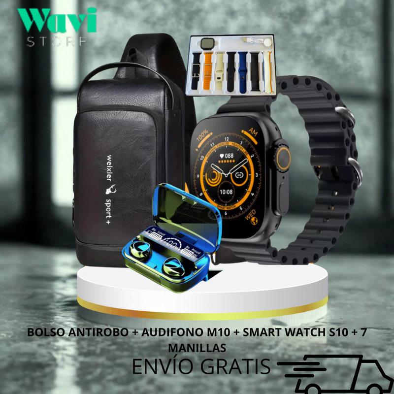 BOLSO ANTI ROBO+AUDIFONO M10+RELOJ S10